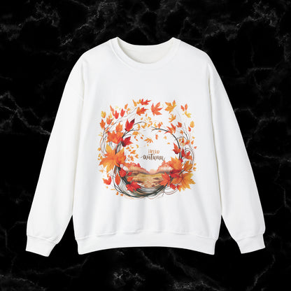 Hello Autumn Sweatshirt | Fall Design - Fall Seasonal Sweatshirt - Cottagecore Fall Sweatshirt S White 
