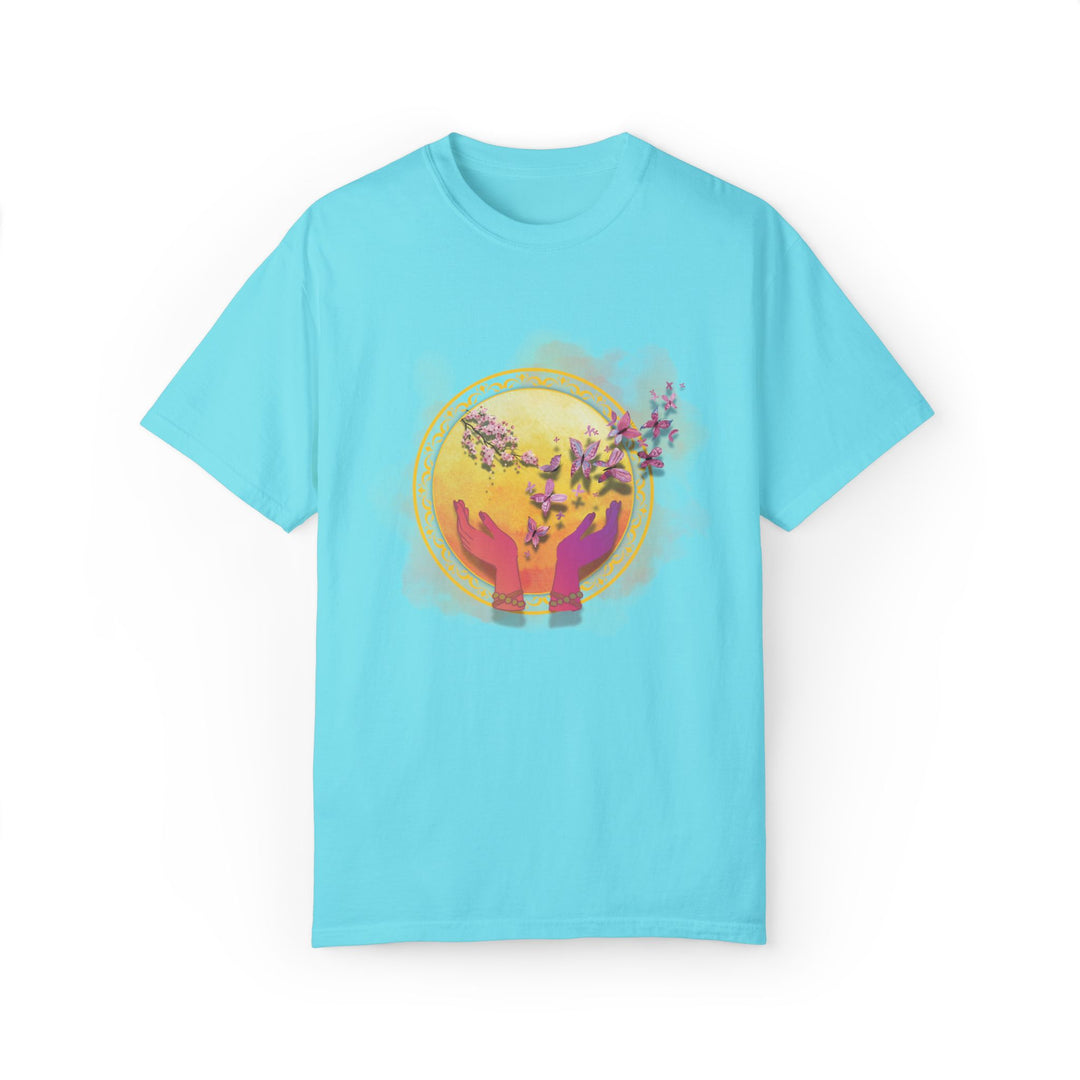 Spiritual Symbol Hands Garment-Dyed T-shirt with Flowers and Butterflies T-Shirt Printify Lagoon Blue S