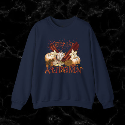 Hello Autumn Jumper | Pumpkin Spices Leaves Sweatshirt - Fall Fashion Sweatshirt S Navy 