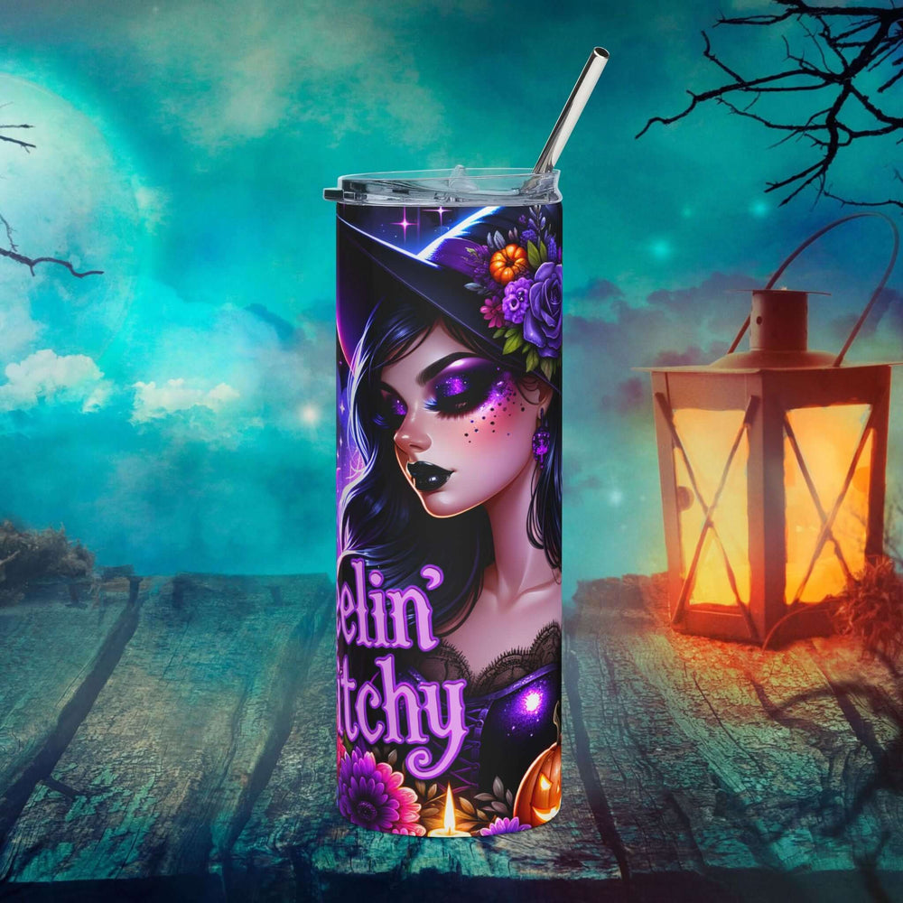 Feelin' Witchy 20oz Stainless Steel Tumbler — Halloween Witch, Bats & Pumpkins Mug Printify White 20oz
