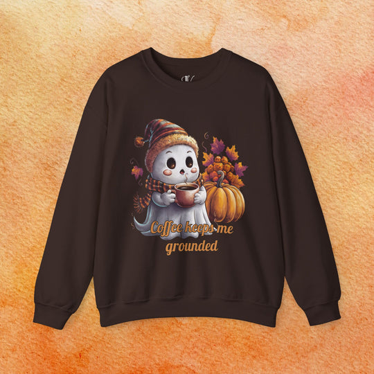 Ghostly Brew: Coffee Keeps Me Grounded Sweatshirt Sweatshirt Printify S Dark Chocolate