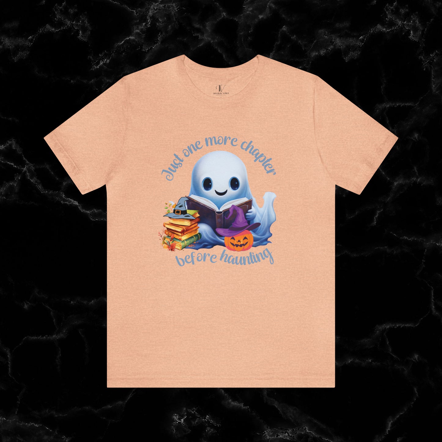 Just One More Chapter T-Shirt | Book Lover Halloween Tee - Librarian Shirt - Halloween Student Tee - Halloween Ghost Book Ghost Read Book T-Shirt Heather Peach XS 