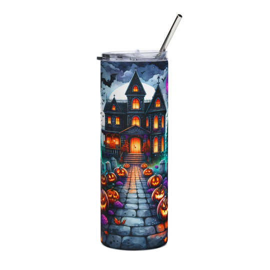 20oz Stainless Steel Tumbler — Haunted House Halloween (bats, tombstones, Jack-o'-lanterns) Mug Printify