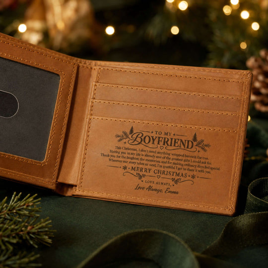 Personalized Christmas gift for boyfriend wallet with romantic message inside.