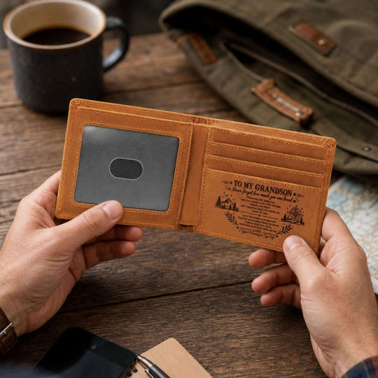 Engraved wallet for grandson showcasing heartfelt message inside, perfect gift for any occasion.
