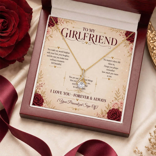 To My Girlfriend message card with Alluring Beauty Necklace for girlfriend, surrounded by roses and a satin ribbon.