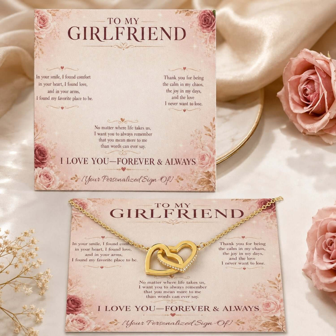 Interlocking hearts necklace for girlfriend with heartfelt message card for romantic gift.