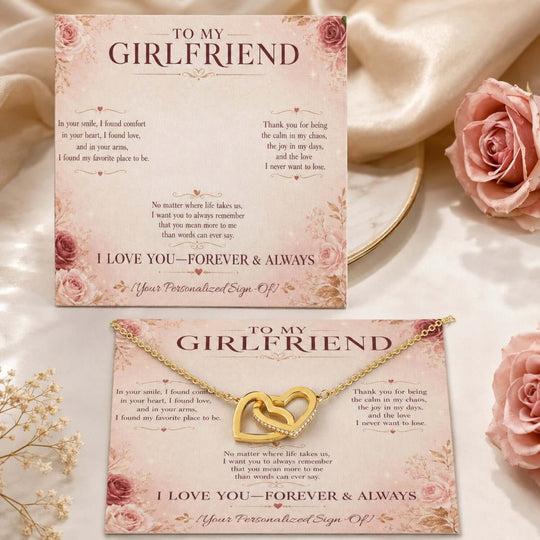 Interlocking hearts necklace for girlfriend with heartfelt message card for romantic gift.