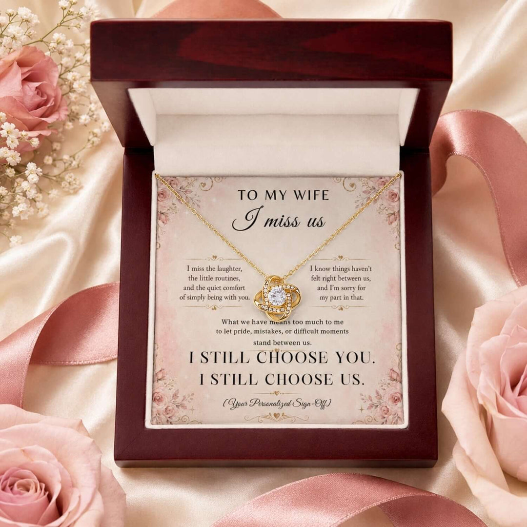 To My Wife – I Miss Us Love Knot Necklace in gift box, a perfect wife apology necklace for heartfelt moments.