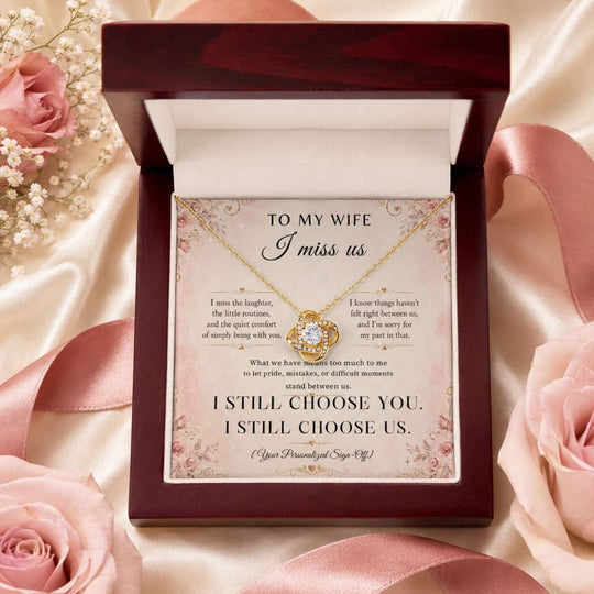 To My Wife – I Miss Us Love Knot Necklace in gift box, a perfect wife apology necklace for heartfelt moments.