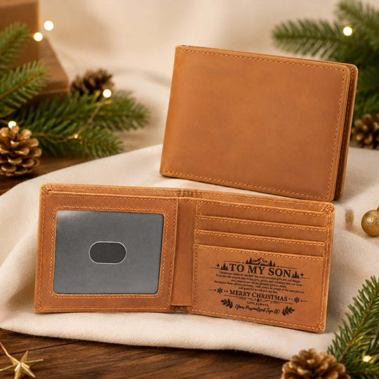 Personalized Christmas engraved leather wallet for son, perfect Christmas gift for son wallet.