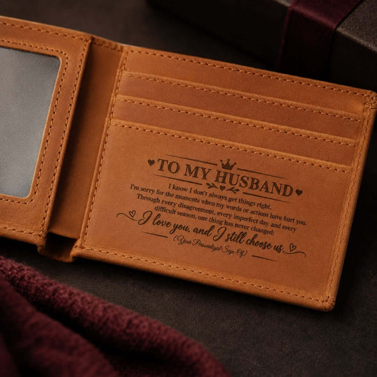 Personalized engraved wallet for husband featuring heartfelt apology message, perfect as an apology gift for husband.