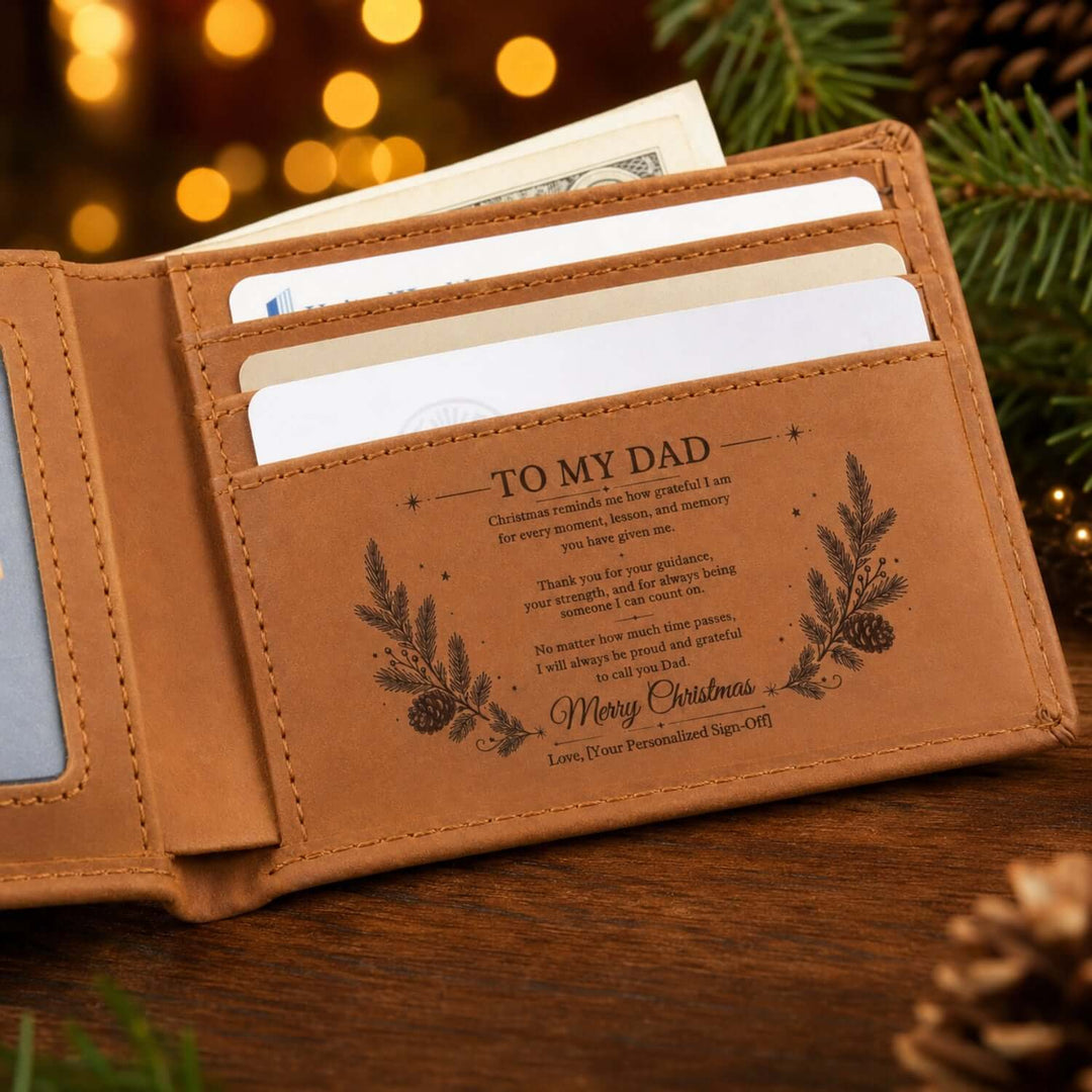 Christmas Gift for Dad - Personalized engraved wallet with a heartfelt message for Father's Day.