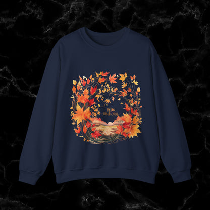 Hello Autumn Sweatshirt | Fall Design - Fall Seasonal Sweatshirt - Cottagecore Fall Sweatshirt M Navy 