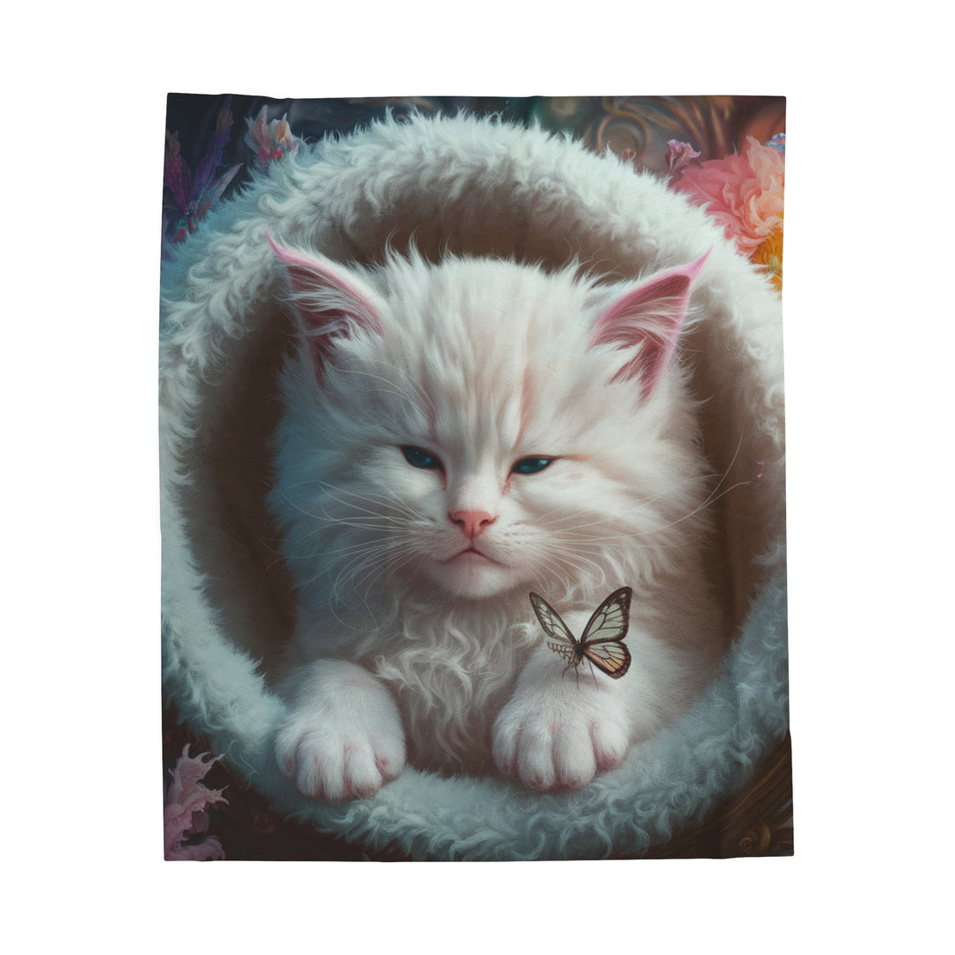 Plush Blanket - White Fluffy Cat and Butterflies All Over Prints Printify