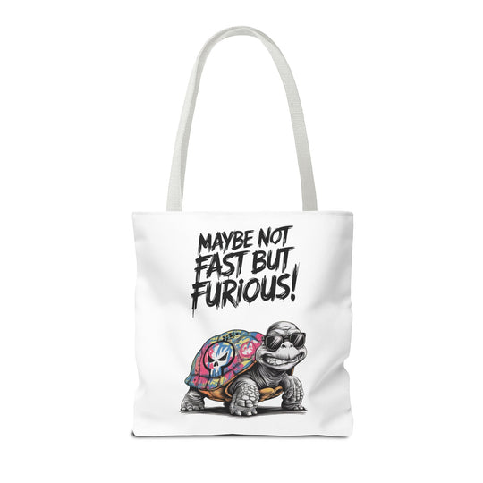 Funny Turtle Tote Bag - Maybe Not Fast But Furious Bags Printify 16" × 16'' White