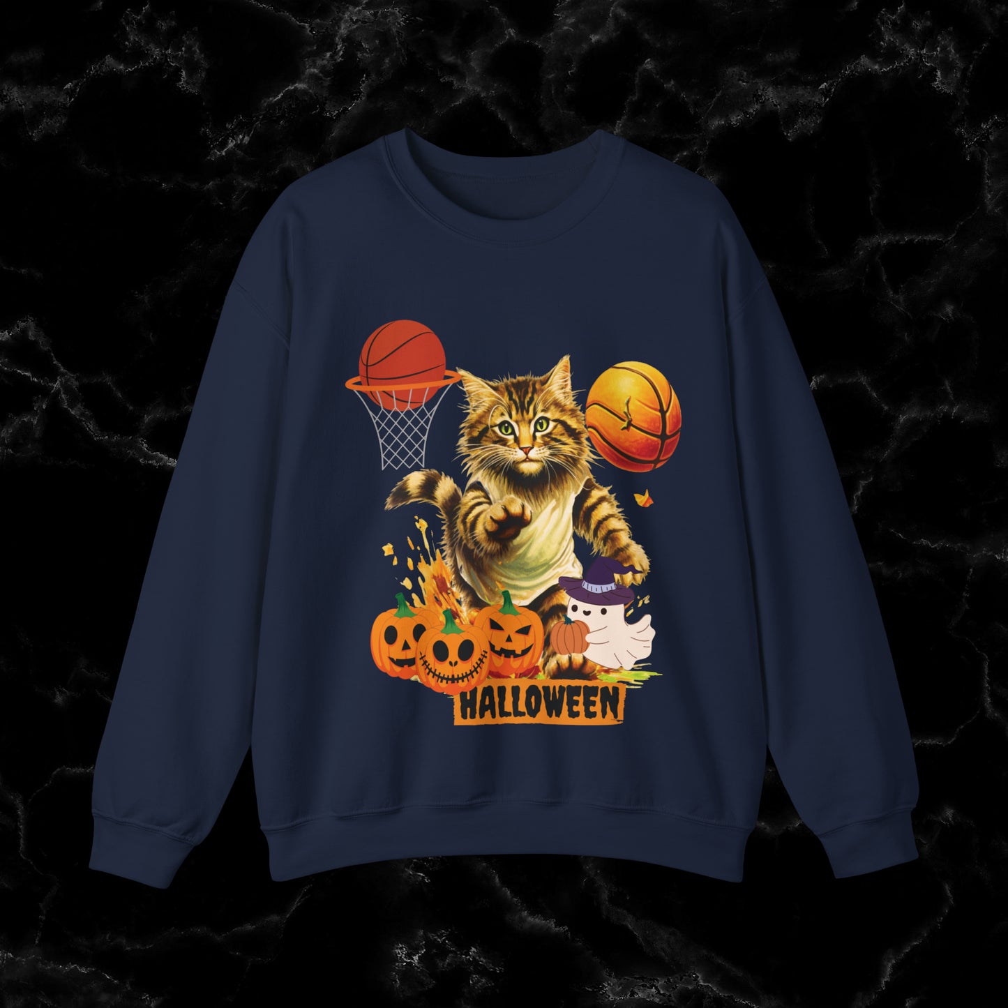 Halloween Cat Basketball Sweatshirt | Playful Feline and Pumpkins | Spooky Sports | Halloween Fun Sweatshirt Sweatshirt M Navy 