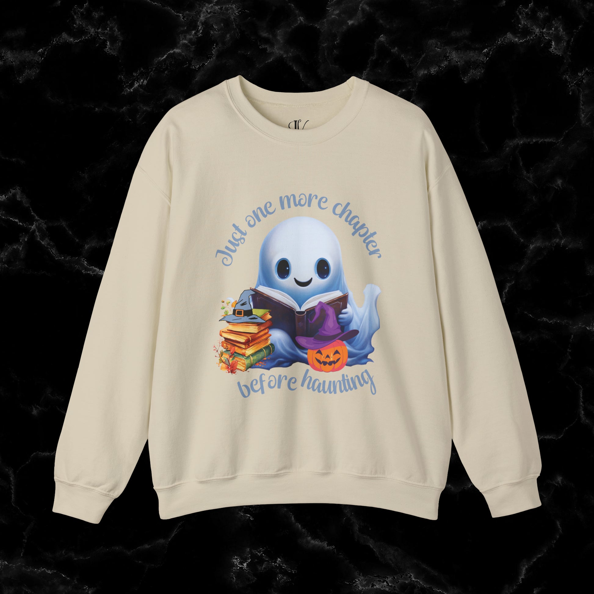 Just One More Chapter Sweatshirt | Book Lover Halloween Sweater - Librarian Sweatshirt - Halloween Student Sweater - Halloween Ghost Book Ghost Sweatshirt S Sand 