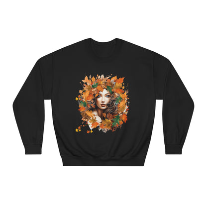 Whimsical Dreams in Autumn Hues: Romantic Dreamy Female Surrounded by Autumn Leaves Sweatshirt - Fairycore, Forestcore, Cottagecore-inspired Fashion Sweatshirt Black S 