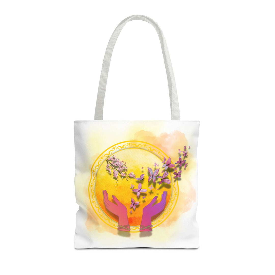 Symbolic Tote Bag with Hands, Orb, Flowers, and Butterflies Bags Printify 16" × 16'' White