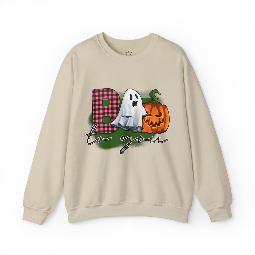 Boo To You! Cute Ghost and Pumpkin Sweatshirt Sweatshirt Printify S Sand