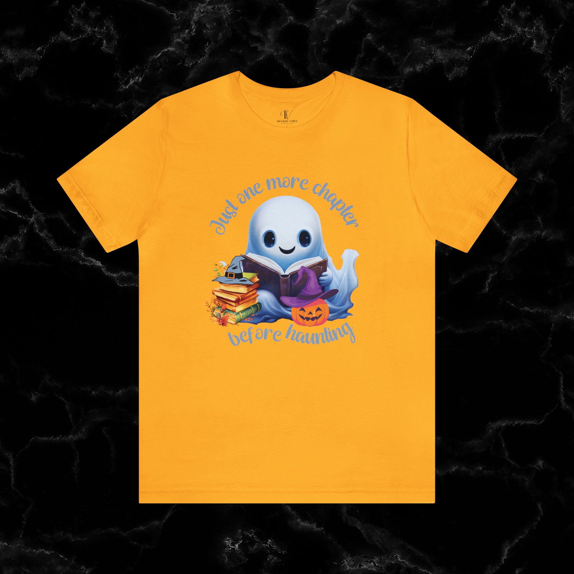 Just One More Chapter T-Shirt | Book Lover Halloween Tee - Librarian Shirt - Halloween Student Tee - Halloween Ghost Book Ghost Read Book T-Shirt Gold XS 
