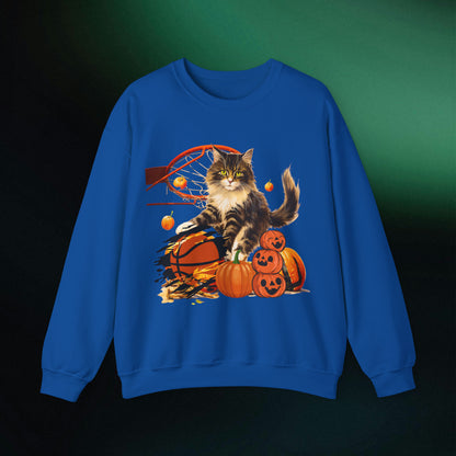 Halloween Cat Basketball Sweatshirt | Playful Feline and Pumpkins - Spooky Sports | Halloween Fun Sweatshirt Sweatshirt S Royal 