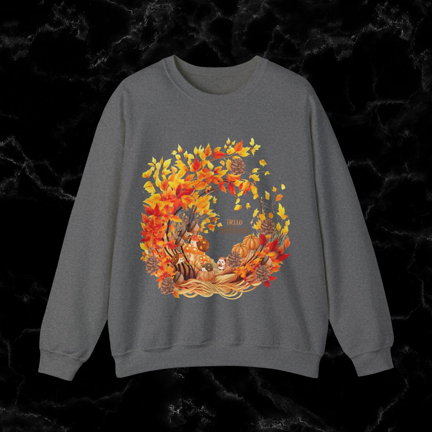 Hello Autumn Sweatshirt | Fall Design - Fall Seasonal Sweatshirt - Autumn Design Sweatshirt S Graphite Heather 