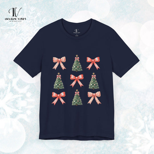 Coquette Bow Christmas Tree T-Shirt T-Shirt Printify Navy XS