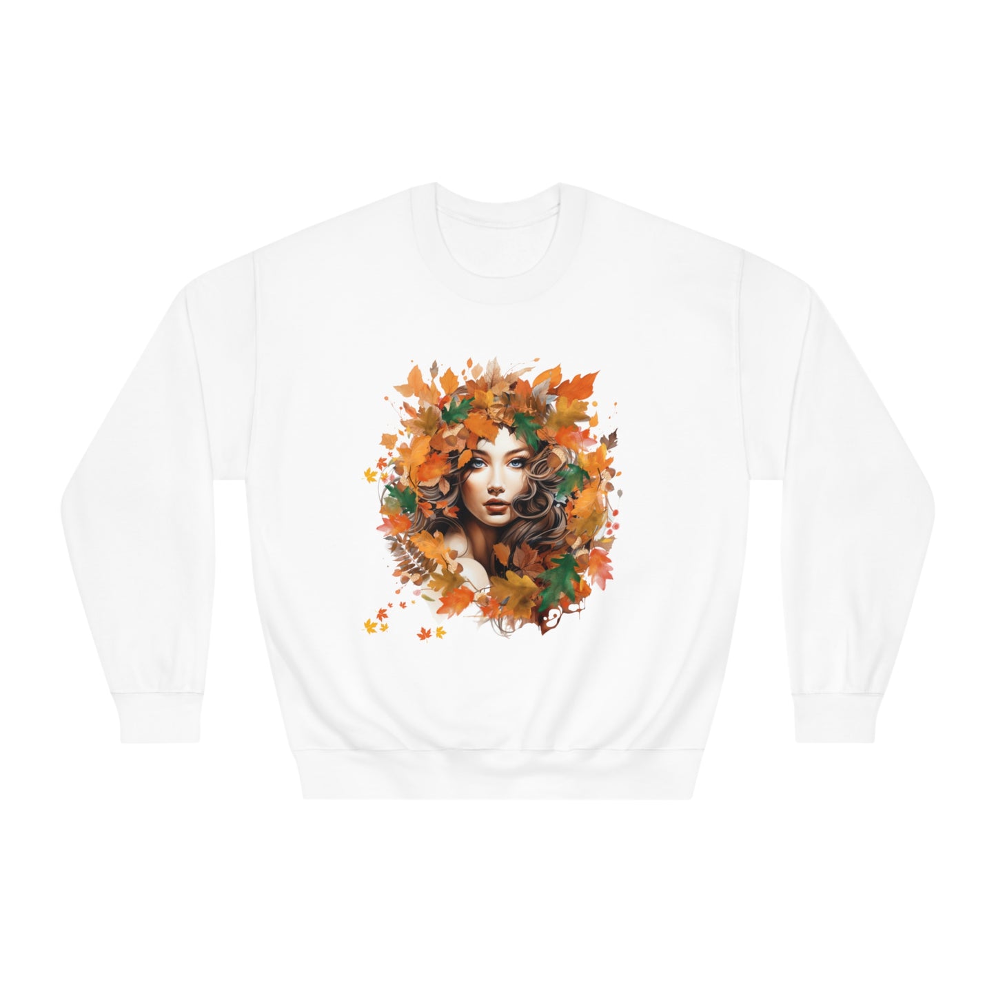 Whimsical Dreams in Autumn Hues: Romantic Dreamy Female Surrounded by Autumn Leaves Sweatshirt - Fairycore, Forestcore, Cottagecore-inspired Fashion Sweatshirt White S 