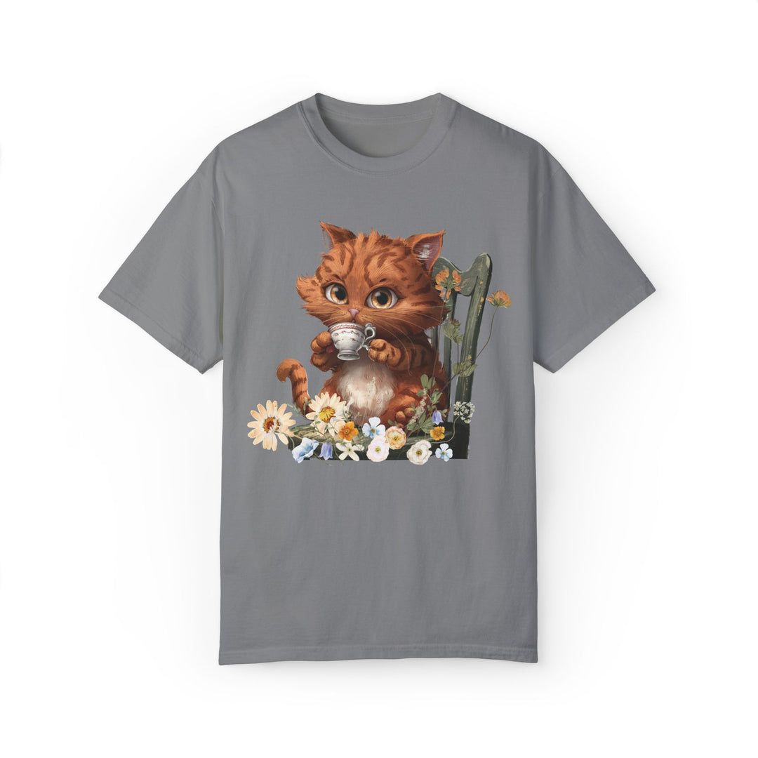 Cat Tea Time T-shirt T-Shirt Printify Grey S