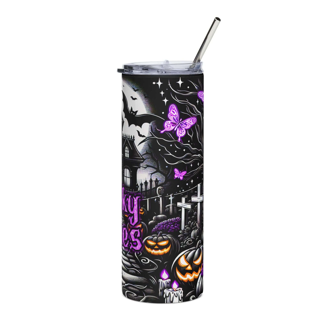 Spooky Vibes 20oz Stainless Steel Tumbler — Haunted Houses, Bats & Pumpkins Mug Printify
