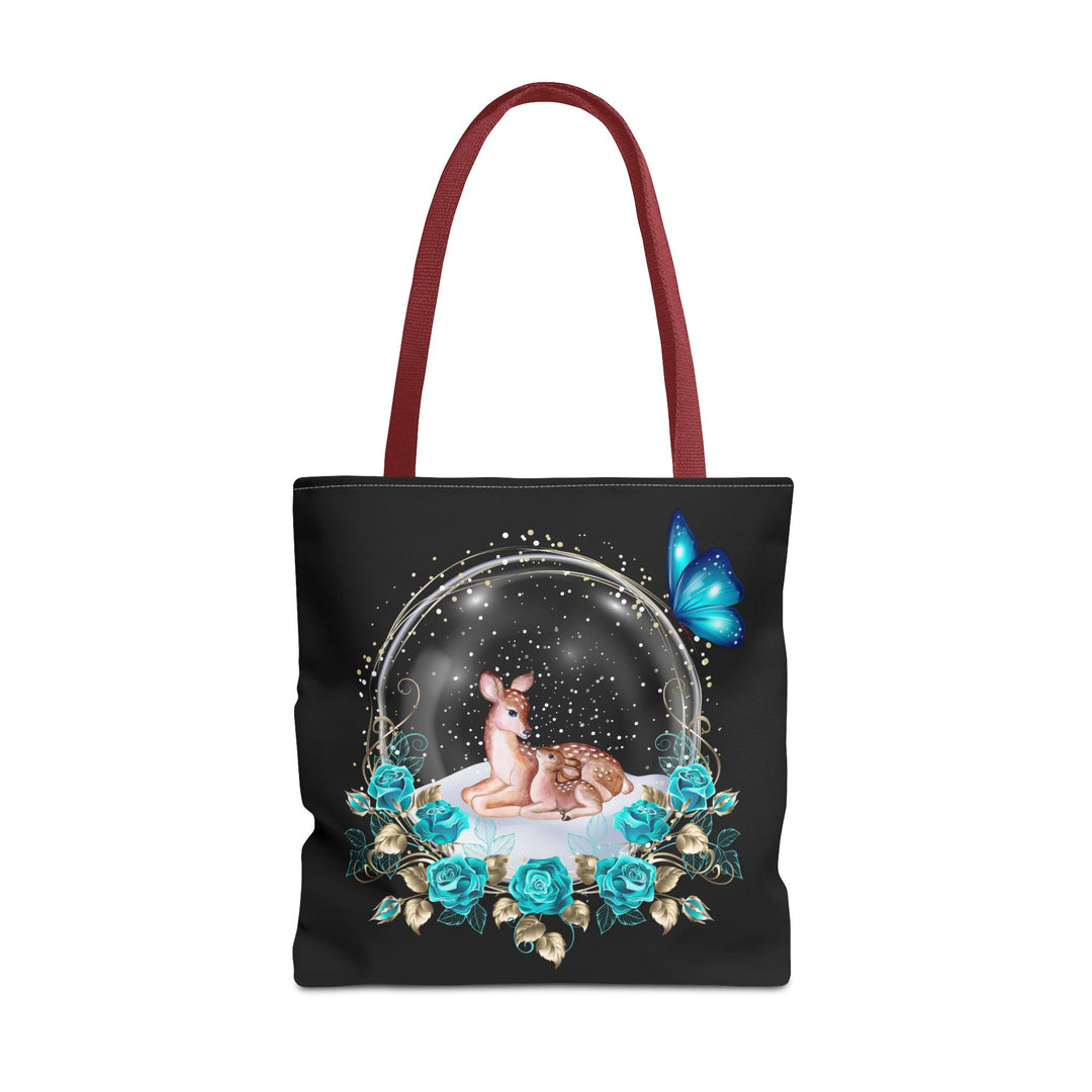 Deer Snow Globe Tote Bag - Winter Whimsical Elegance Bags Printify 18" × 18'' Red