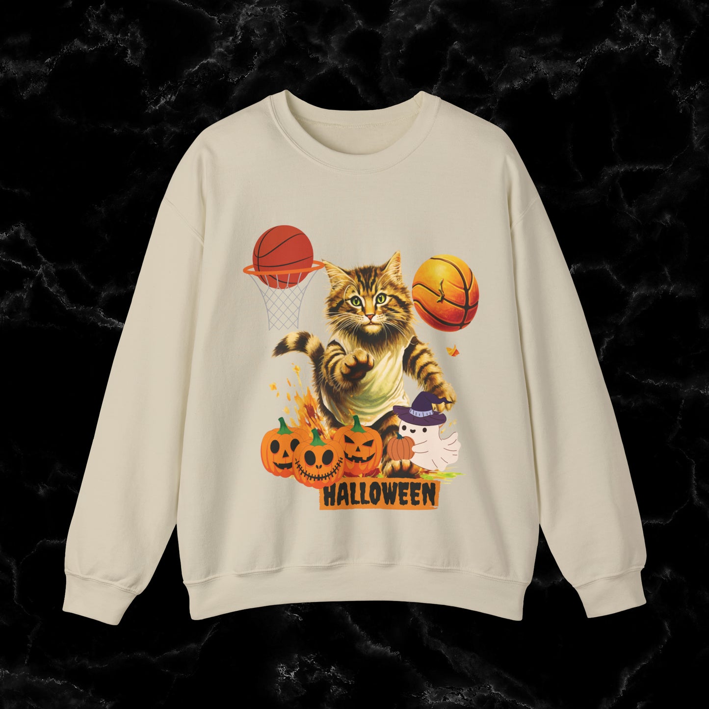 Halloween Cat Basketball Sweatshirt | Playful Feline and Pumpkins | Spooky Sports | Halloween Fun Sweatshirt Sweatshirt S Sand 