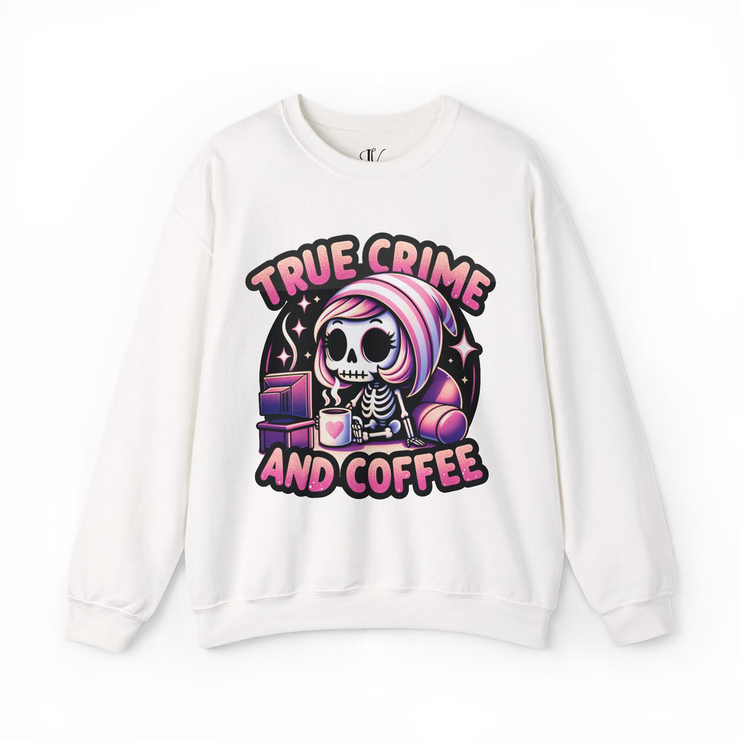True Crime and Coffee: Skeleton Sweatshirt Sweatshirt Printify S White