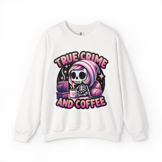 True Crime and Coffee: Skeleton Sweatshirt Sweatshirt Printify S White