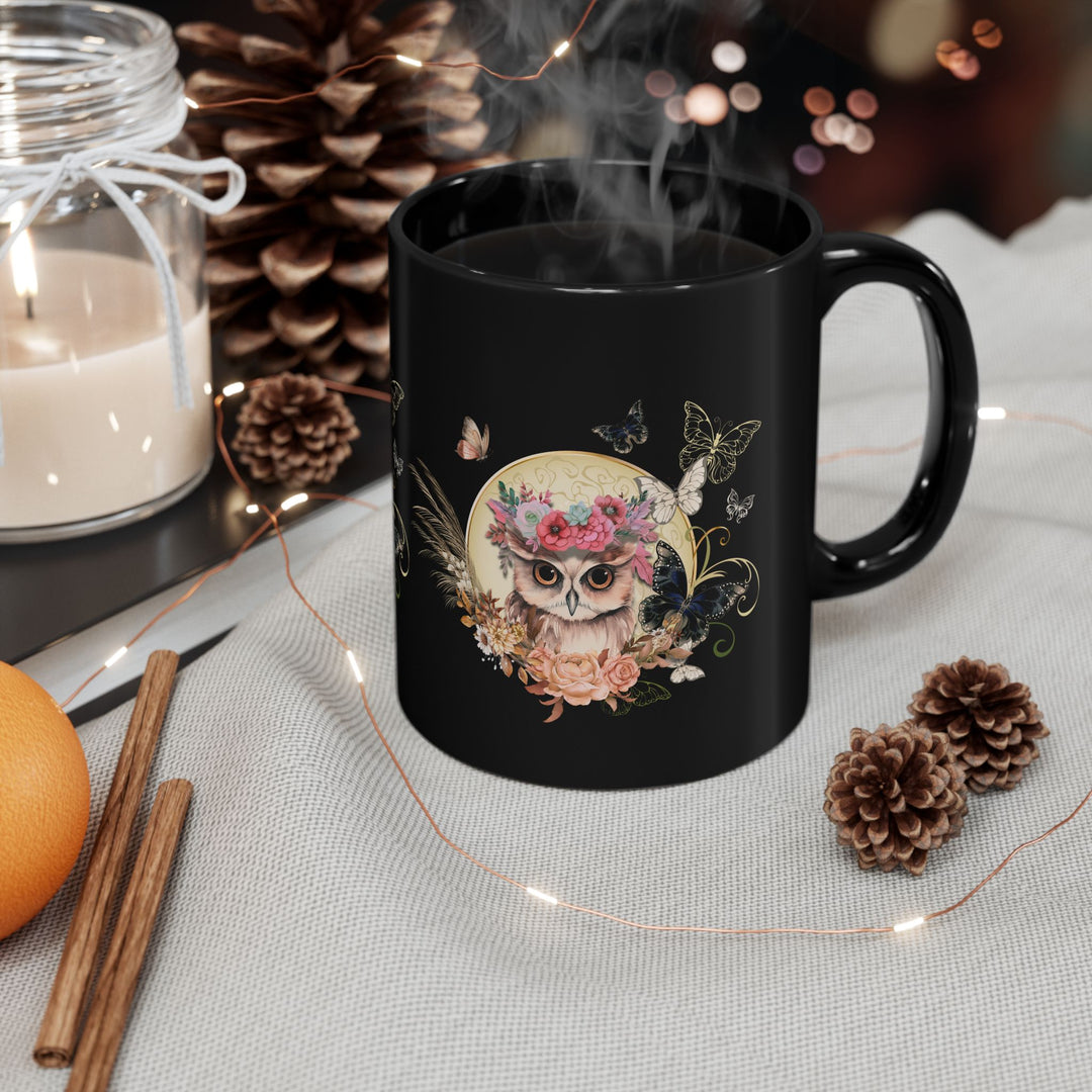 Black Mug - Playful and Whimsical Owl- 11oz/15oz Mug Printify