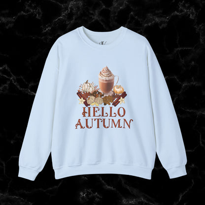 Hello Autumn Jumper | Pumpkin Spice Latte Leaves Sweatshirt - Fall Fashion Sweatshirt S Light Blue 