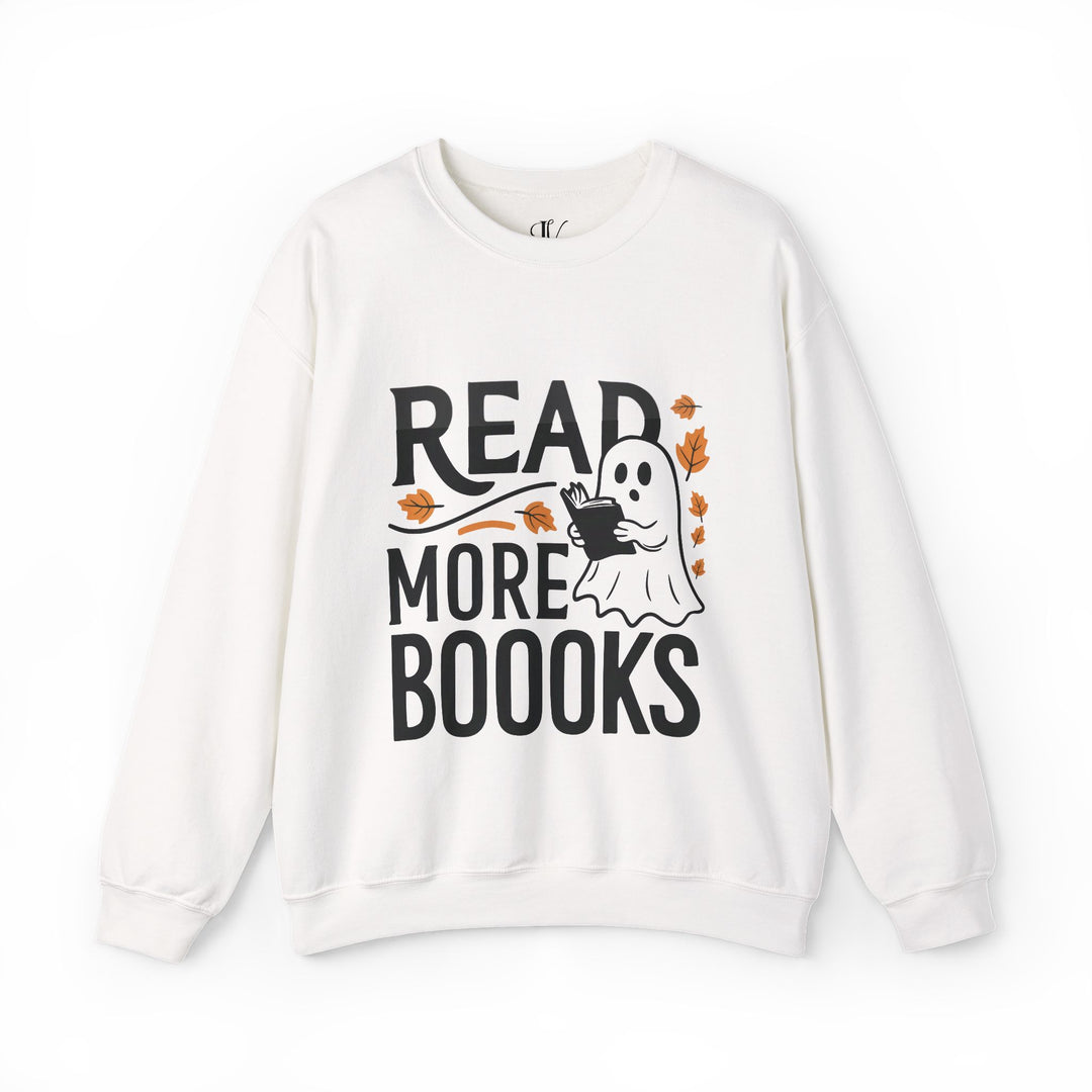 Bookworm Ghost: Spooky Halloween Sweatshirt Sweatshirt Printify S White