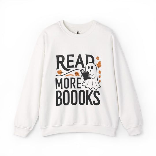 Bookworm Ghost: Spooky Halloween Sweatshirt Sweatshirt Printify S White