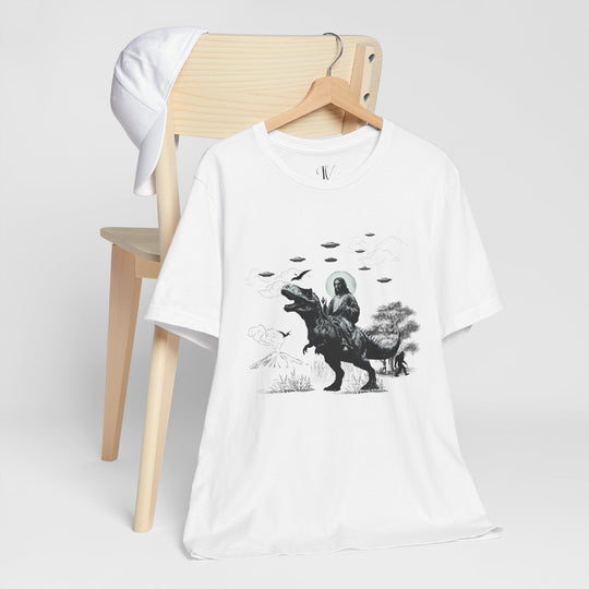 Out-of-This-World Tees: Jesus Riding Dinosaur & UFO T-Shirts (ImaginVibes) T-Shirt White XS 