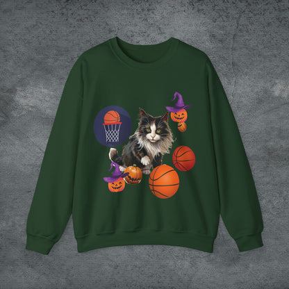Halloween Cat Basketball Sweatshirt | Playful Feline and Pumpkins - Spooky Sports | Halloween Fun Sweatshirt Sweatshirt S Forest Green 