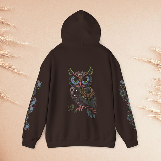 Bohemian Owl Hoodie with Earthy Tones and Floral Motifs Hoodie Printify