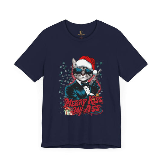 Funny Christmas Cat Unisex Tee- 'Merry Kiss My Ass' T-Shirt Printify Navy XS