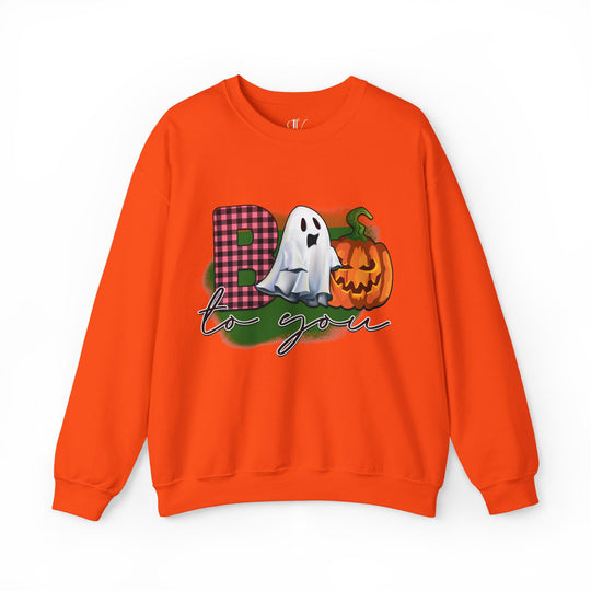 Boo To You! Cute Ghost and Pumpkin Sweatshirt Sweatshirt Printify S Orange
