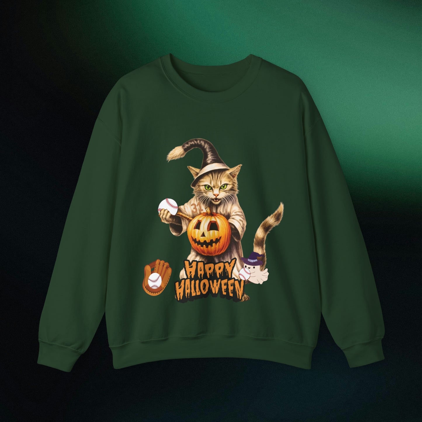 Halloween Cat Baseball Sweatshirt | Happy Halloween - Spooky Sports | Halloween Fun Sweatshirt Sweatshirt S Forest Green 