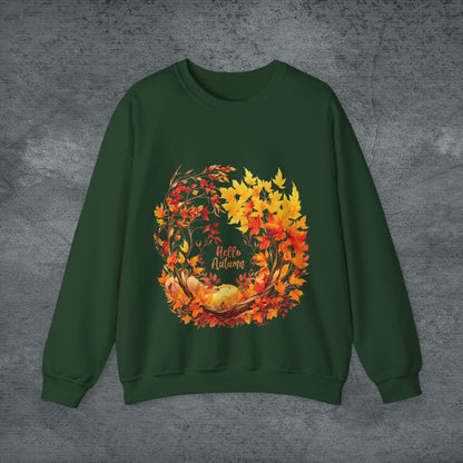 Hello Autumn Sweatshirt | Fall Design | Fall Seasonal Sweatshirt | Autumn Design I Love Fall Sweatshirt S Forest Green 