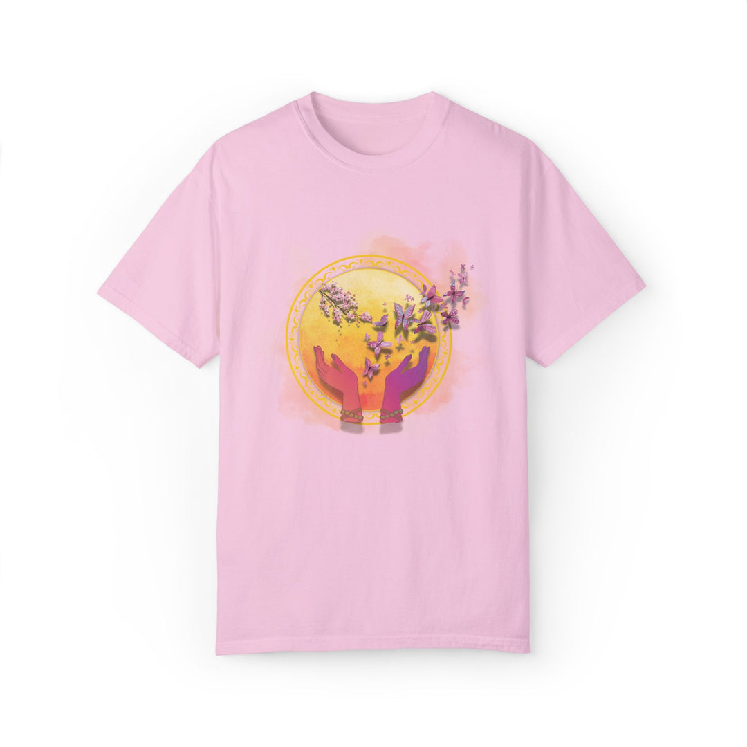 Spiritual Symbol Hands Garment-Dyed T-shirt with Flowers and Butterflies T-Shirt Printify Blossom S