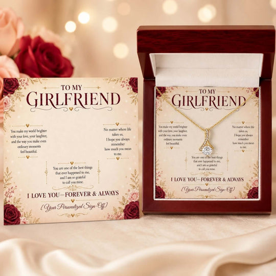 Alluring Beauty Necklace for girlfriend in elegant display box with heartfelt message card.