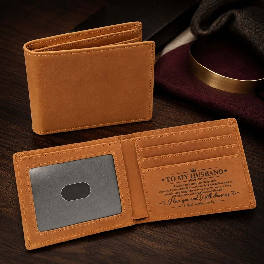 Personalized engraved wallet for husband, featuring apology message inside, perfect as an apology gift for husband.